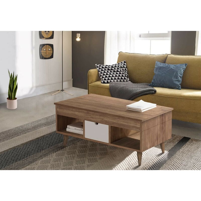 

Atelier-Mesa Centro Elevable Madera Maciza Natural, Cajon Deslizante Color Blanco. 100cm x 50cm x 47cm.