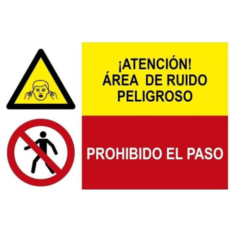 Atención área de ruido peligroso, Prohibido el paso SEKURECO (2 señales en 1) Adhesivo vinilo