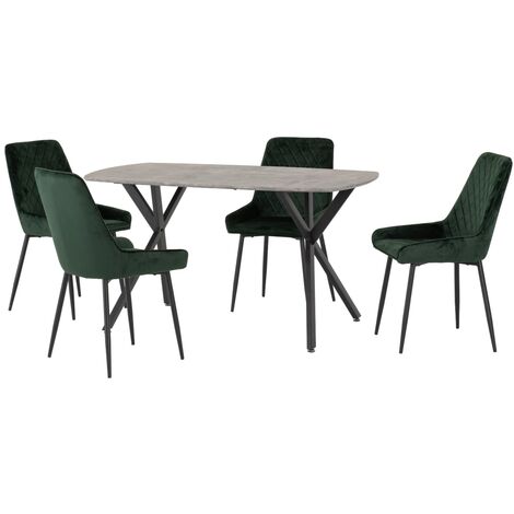 Athens Rectangular Dining Set with Avery Chairs - Concrete Effect/Black/Emerald Green Velvet