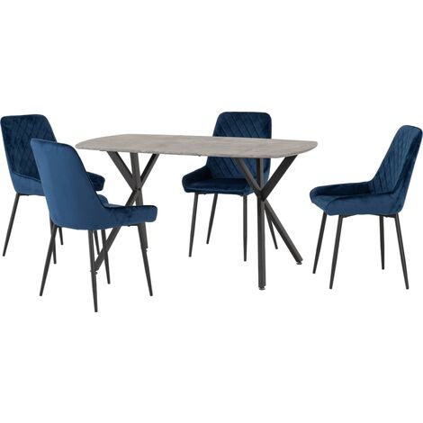 Athens Rectangular Dining Set with Avery Chairs - Concrete Effect/Black/Sapphire Blue Velvet