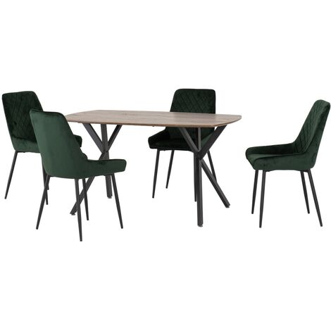 Athens Rectangular Dining Set with Avery Chairs - Medium Oak Effect/Black/Emerald Green Velvet
