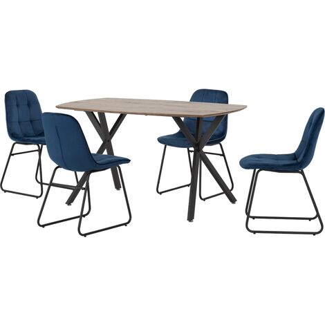 Athens Rectangular Dining Set with Lukas Chairs - Medium Oak Effect/Black/Sapphire Blue Velvet