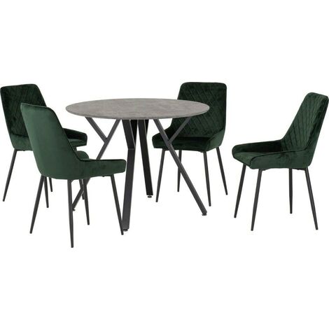 Athens Round Dining Set with Avery Chairs - Concrete Effect/Black/Emerald Green Velvet