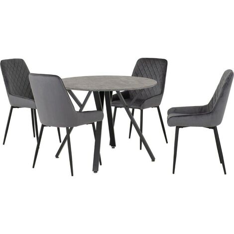 Athens Round Dining Set with Avery Chairs - Concrete Effect/Black/Grey Velvet