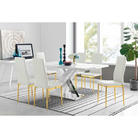 Atlanta 6 White Dining Table and 6 Gold Leg Milan Chairs