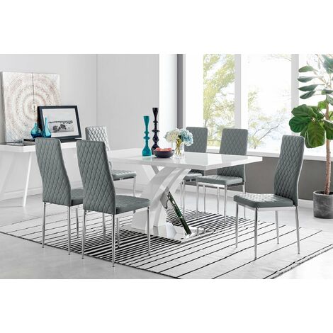 Atlanta Modern Rectangle Chrome Metal High Gloss White Dining Table And 6 Milan Chairs Set