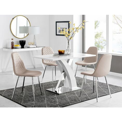 Atlanta White High Gloss And Chrome Metal Rectangle Dining Table And 4 Corona Silver Dining Chairs Set