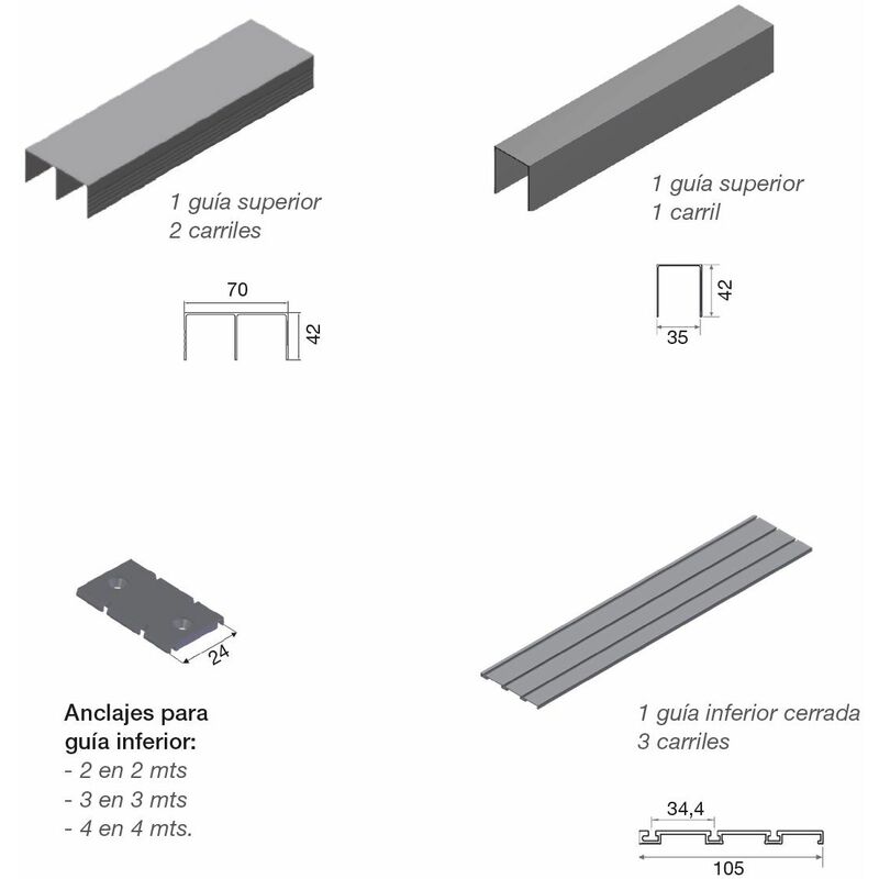 

Atlantico Kit Guia 3 Carriles Plata 2Mts - Cromo Mate