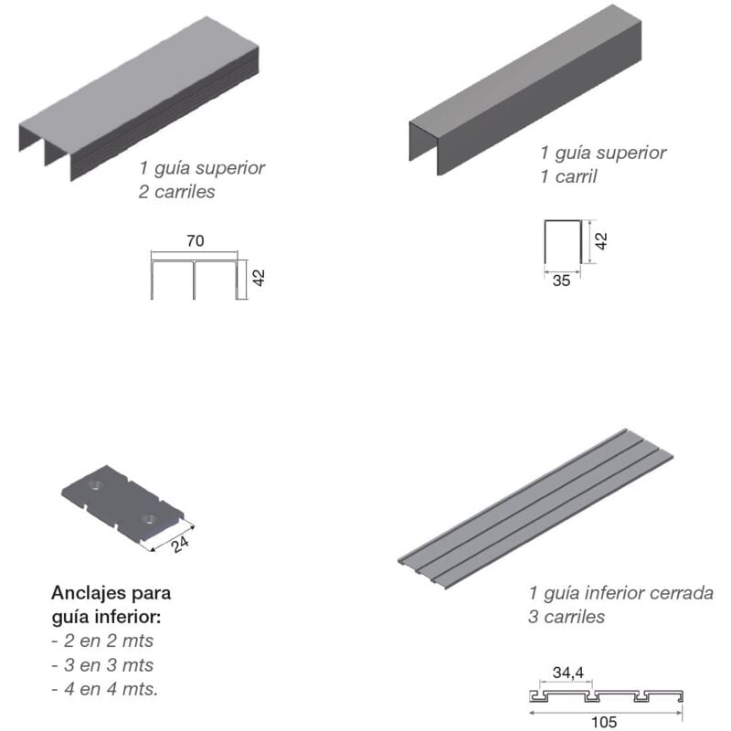 

Atlantico Kit Guia 3 Carriles Plata 3Mts - Cromo Mate