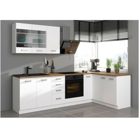 Atlas – Cuisine complète d'angle 8 éléments – Décor blanc mat – Longueur 270 cm – Optimise l'espace – Meubles sous évier et four inclus
