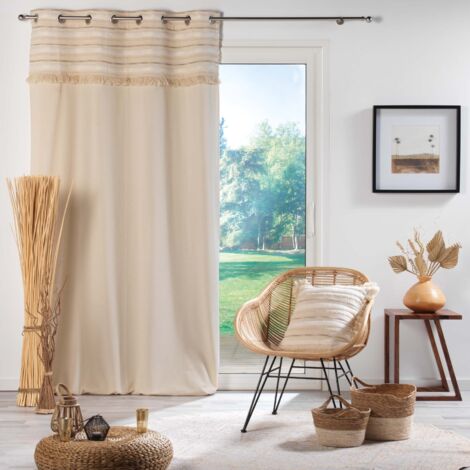 Atlas – Rideau occultant tamisant 140 x 240 cm – 100 % coton naturel – 8 œillets ronds argent – Tissé avec franges décoratives