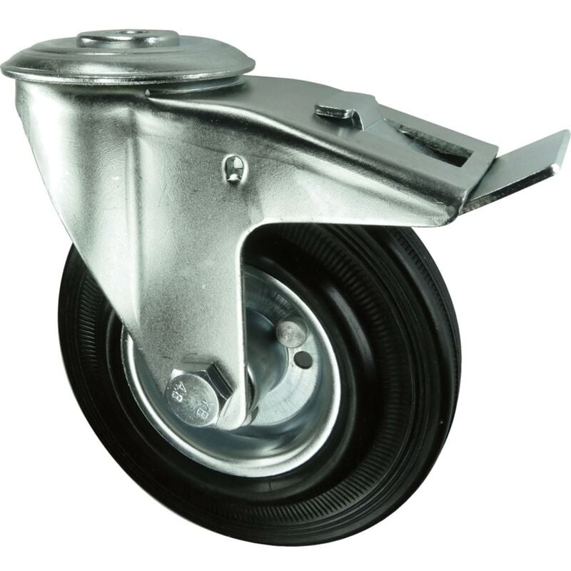 Pressed Steel Castor with Swivel Bolt Hole Rubber Tyre with Br - Atlas Workholders