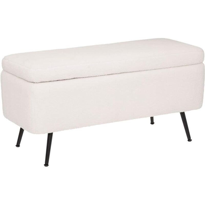 Atmosphera - Banc Coffre en Tissu Blanc à Bouclettes avec Pieds en Métal - Dimensions 100 x 40 cm