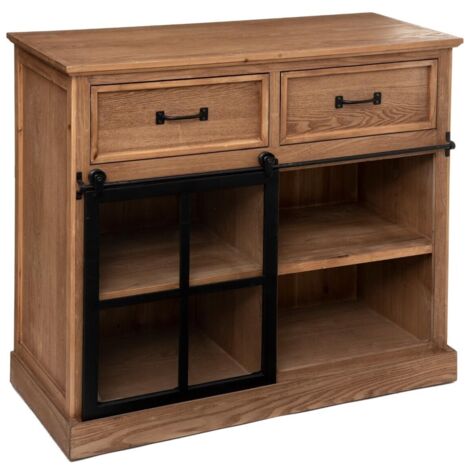 Atmosphera – Buffet 1 porte Danik bois naturel 94x95cm – Verre trempé et fer – 4 étagères et 2 tiroirs – Style néo-vintage