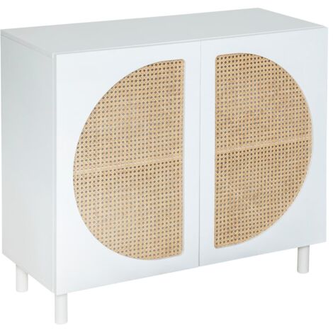 Atmosphera – Buffet 2 portes Cabras 94x86cm blanc – Charnières silencieuses – Cannage en rotin – Rangement spacieux pour vaisselle et livres