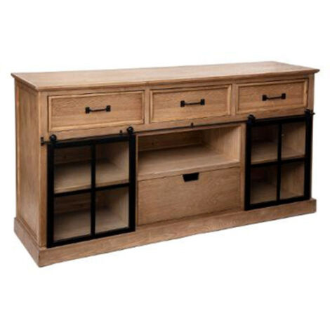 Atmosphera – Buffet 2 portes et 4 tiroirs 160cm – MDF, fer, bois (sapin) et verre trempé – Style moderne, couleur naturelle – Rangement pratique