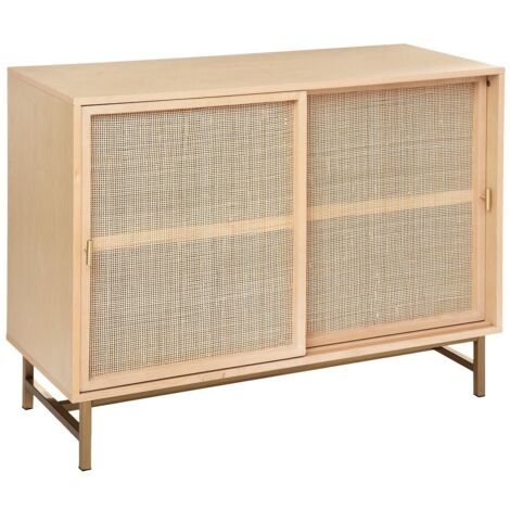 Atmosphera – Buffet 2 portes Rayo cannage rotin 100x79cm – 2 portes coulissantes – 4 cases spacieuses – Pieds en métal doré contemporain