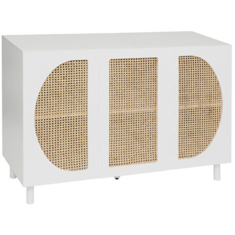 Atmosphera – Buffet 3 portes 120cm blanc – Détails en cannage de rotin – MDF et bois hévéa – Design épuré pour intérieur moderne