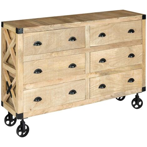 Atmosphera – Buffet 6 tiroirs manguier 150x40cm – Structure robuste en bois – Design rétro industriel – Rangement fonctionnel sur roues métal