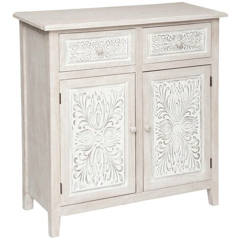 Atmosphera – Buffet en bois de paulownia 2 portes – Dimensions L. 80 x P. 34,5 x H. 85 cm – Motifs floraux sculptés – Prêt à l'emploi
