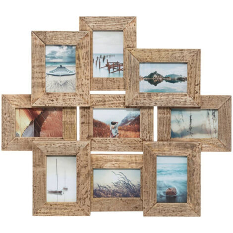 Atmosphera – Cadre pêle-mêle 9 photos en bois de manguier 69 x 60 cm – Effet brut et vieilli – À suspendre ou à poser – Pour photos 10 x 15 cm