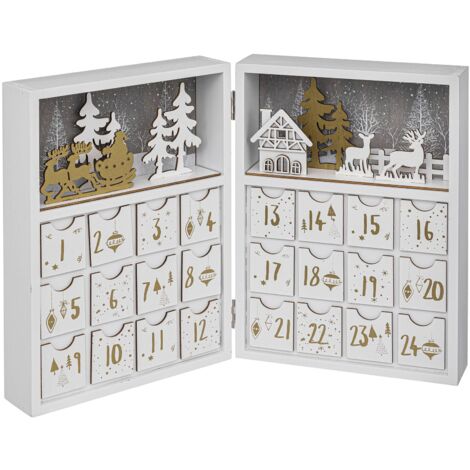 Atmosphera – Calendrier de l'Avent en bois 42 x 30 cm – 24 tiroirs pour surprises – Design élégant inspiré d'un livre ancien – Décoration de Noël