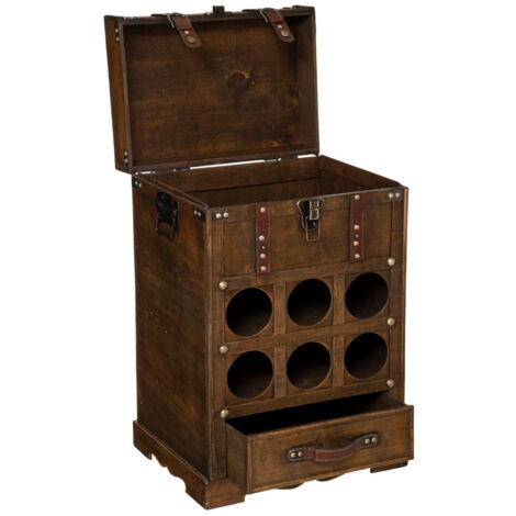 Atmosphera – Coffre bar range bouteilles en bois foncé – Rangement pour 6 bouteilles – Dimensions L. 38,5 x P. 28 x H. 58,5 cm – Tiroir et couvercle