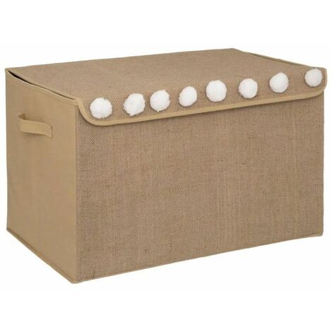 Atmosphera – Coffre de rangement enfant 57cm – Carton et jute – Marron – Pliable avec poignée – Design pompons décoratifs
