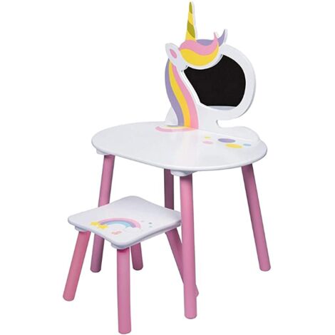 Atmosphera – Coiffeuse enfant Licorne avec miroir – Dimensions L 45 x l 60 x H 80 cm – Matière bois – Couleur blanc et rose