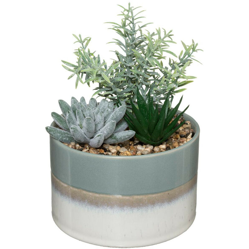 Atmosphera - Composition florale artificielle Pot en céramique bicolore h 17.5 cm Gris Clair