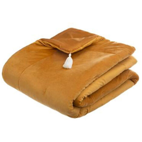 Atmosphera – Dessus de lit velours 80x180cm – Couleur ocre – Design matelassé avec pompons – Polyester facile d'entretien