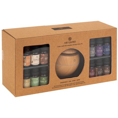 Atmosphera – Diffuseur d'huiles essentielles imitation bois – Avec 3 huiles parfumées – Anneau lumineux – Alimentation USB pour ambiance relaxante