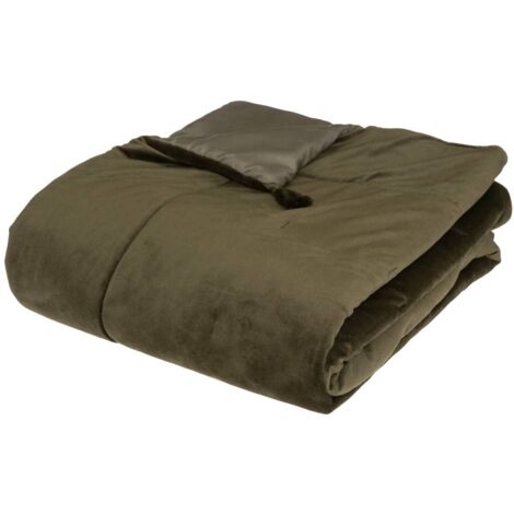 Atmosphera – Edredon couverture velours kaki 80 x 180 cm – 100% polyester – Épaisseur 2 cm – Label OEKO-TEX – Ultra déco avec pompons