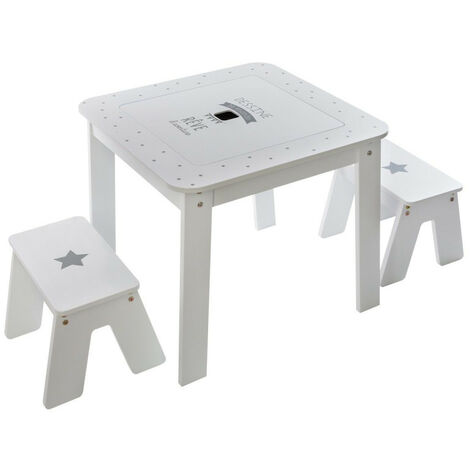 Atmosphera – Ensemble table enfant 57x57xH51cm + 2 tabourets 36x19xH26cm – Rangement intégré sous le plateau – Décoré d'étoiles et message inspirant