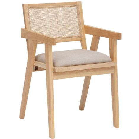 Atmosphera – Fauteuil de table en bois d'hévéa et rotin – Assise rembourrée en polyester – Dossier tressé – Dimensions 50,5x52,5x81 cm – Couleur bois naturel et coussin beige