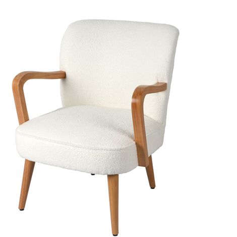 Atmosphera – Fauteuil en bois et tissu bouclette écru – Dimensions 63x70x79 cm – Assise rembourrée pour confort – Accoudoirs en bois naturel