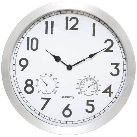Atmosphera – Horloge murale extérieure en aluminium et verre D 40 cm – Mécanisme silencieux – Hygromètre et thermomètre intégrés
