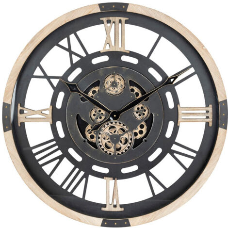 Atmosphera – Horloge murale mécanique 80cm – Noir – MDF et verre – Mécanisme silencieux – Design industriel avec chiffres romains