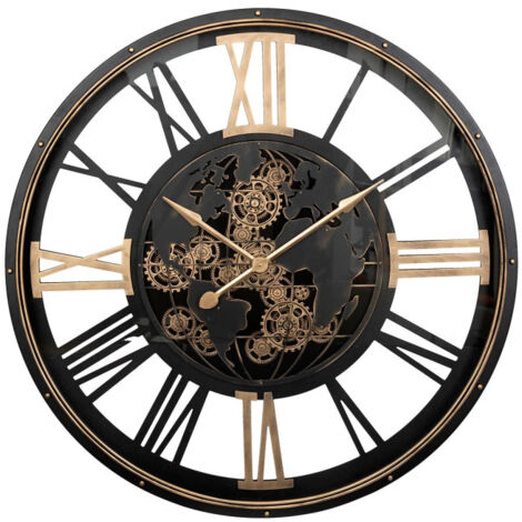 Atmosphera – Horloge murale rétro 110cm – Mécanisme silencieux – Engrenages mobiles et chiffres romains – Acier et verre noir