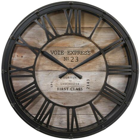 Atmosphera – Horloge vintage 39 cm en bois et métal noir – Mécanisme silencieux – Chiffres romains – Design industriel pour intérieur