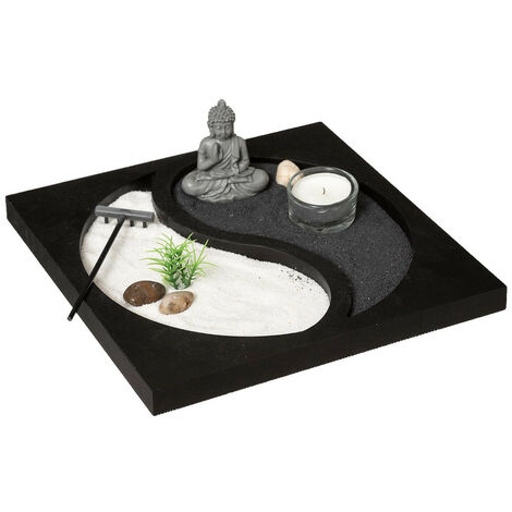 Atmosphera - Jardin Zen Yin Yang Bouddha sur un plateau avec Bougie et décoration - Noir