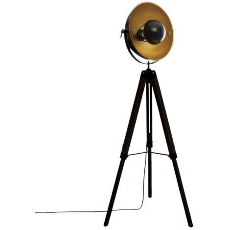 Atmosphera – Lampadaire trépied 156cm en bois de Paulownia et fer – Couleur noir et or – Abat-jour 44,5 x 39cm – Longueur câble 300cm