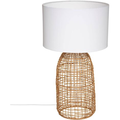 Atmosphera – Lampe à poser cylindrique beige et blanc – Abat-jour en coton 32cm – Base en rotin tressé – Puissance max 25W – Douille E27