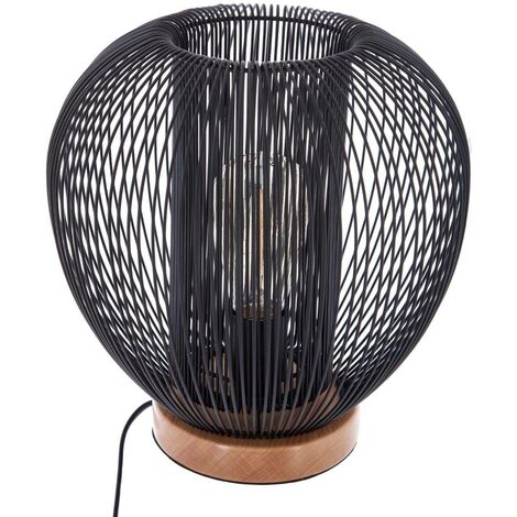 Atmosphera – Lampe de chevet en métal noir filaire – Hauteur 27,5 cm – Puissance 40W – Base en bois de hêtre – Design moderne pour intérieur