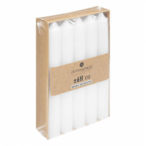 Atmosphera – Lot de 10 bougies bâtons blanches H 16 cm – Cire – Durée de combustion 6h – Pour bougeoirs standards