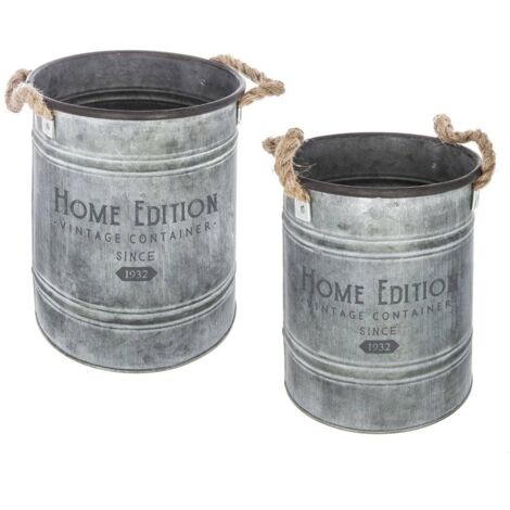 Atmosphera - Lot de 2 Pots de fleurs Seau en métal Gris Vintage