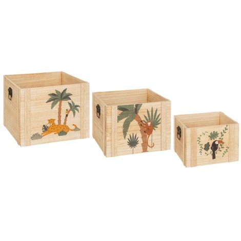 Atmosphera – Lot de 3 cagettes de rangement en bois MDF pour enfants – Dimensions L : 34x34x28 cm, M : 30x30x23 cm, S : 25x25x18 cm – Décor jungle