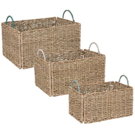 Atmosphera – Lot de 3 caisses en roseau naturel – Dimensions L 29/34/38.5 cm – Rangement décoratif pour intérieur – Fibre végétale beige