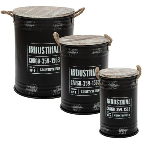 Atmosphera – Lot de 3 coffres bidon design industriel 51cm – Fer & sapin – Rangement élégant et esthétique – Noir