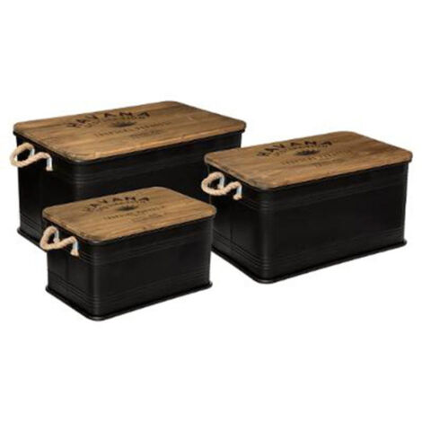 Atmosphera – Lot de 3 malles en métal noir 60cm – Bois de pin et fer – Design vintage – Rangement élégant pour salon et chambre